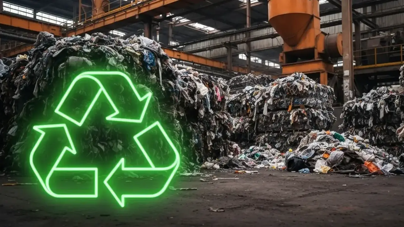 background with industrial waste in a facility with the recycling symbol in the foreground